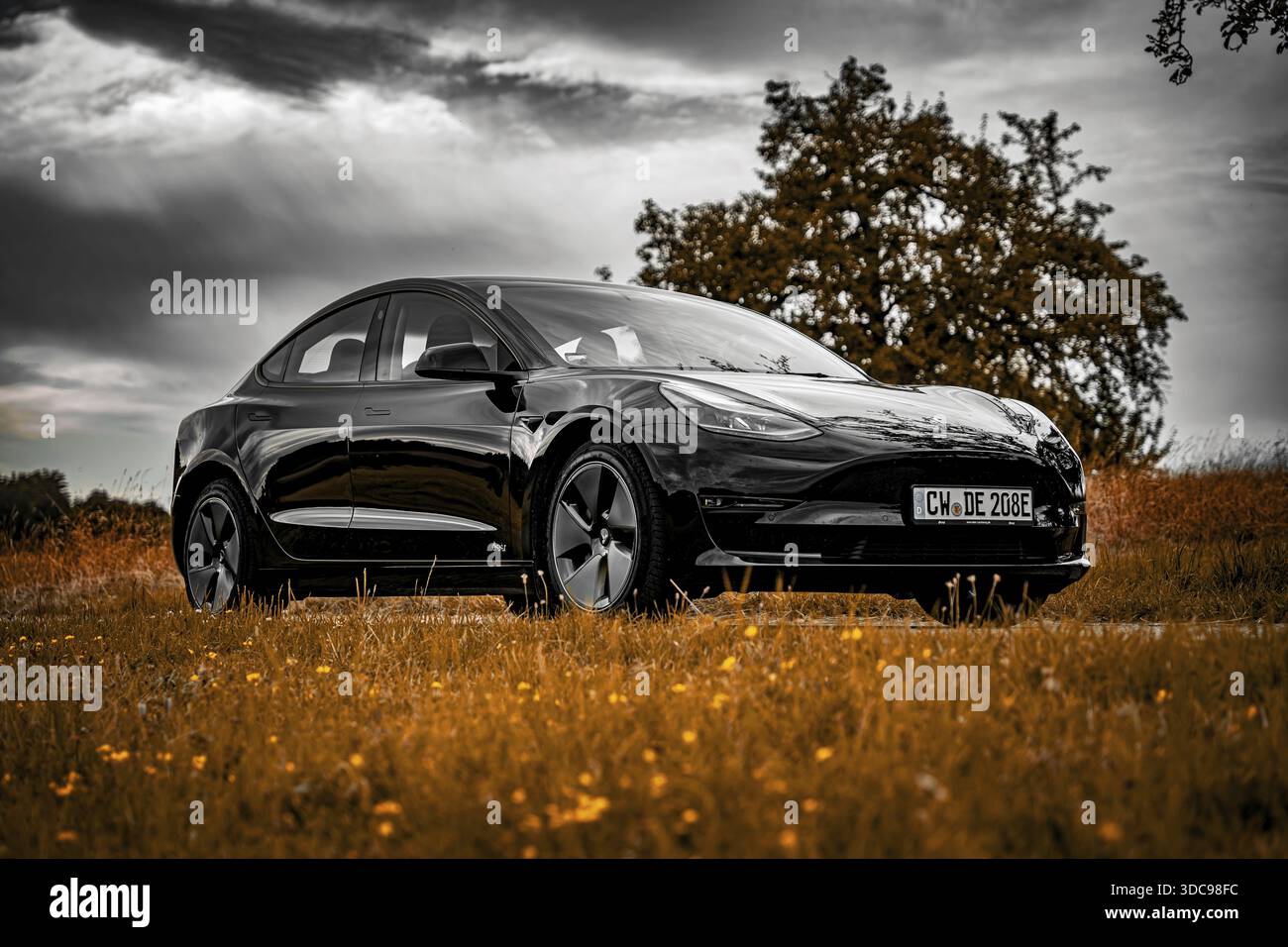 Auto nera parcheggiata su strada di campagna, nuvole spettacolari nel cielo circondati da prati, Deer e-Carsharing, Tesla Model 3, Calw, Germania Foto Stock