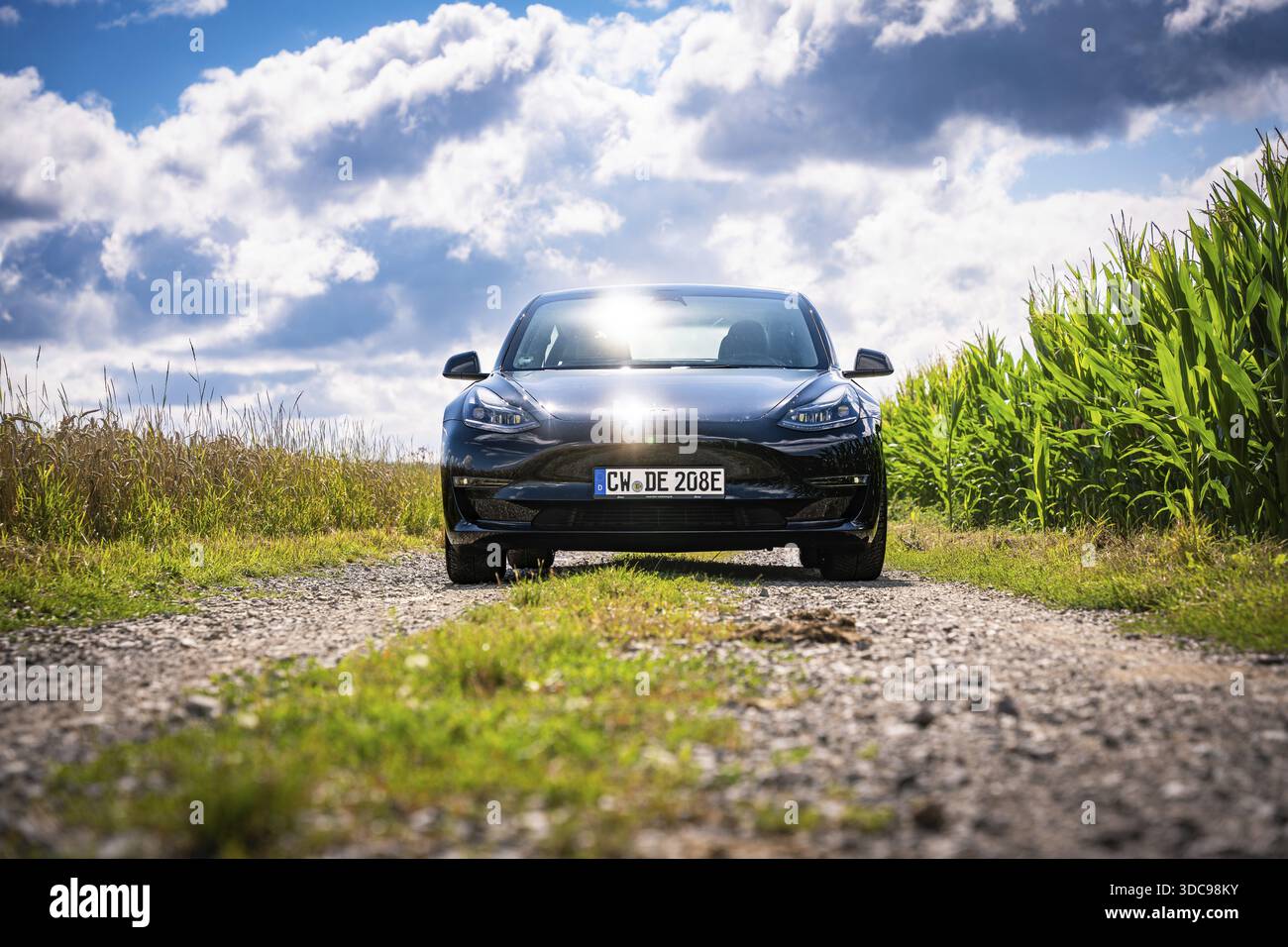 Vista frontale dell'auto nera su strada rurale con cielo nuvoloso, Deer e-Carsharing, Tesla Model 3, Calw, Germania Foto Stock