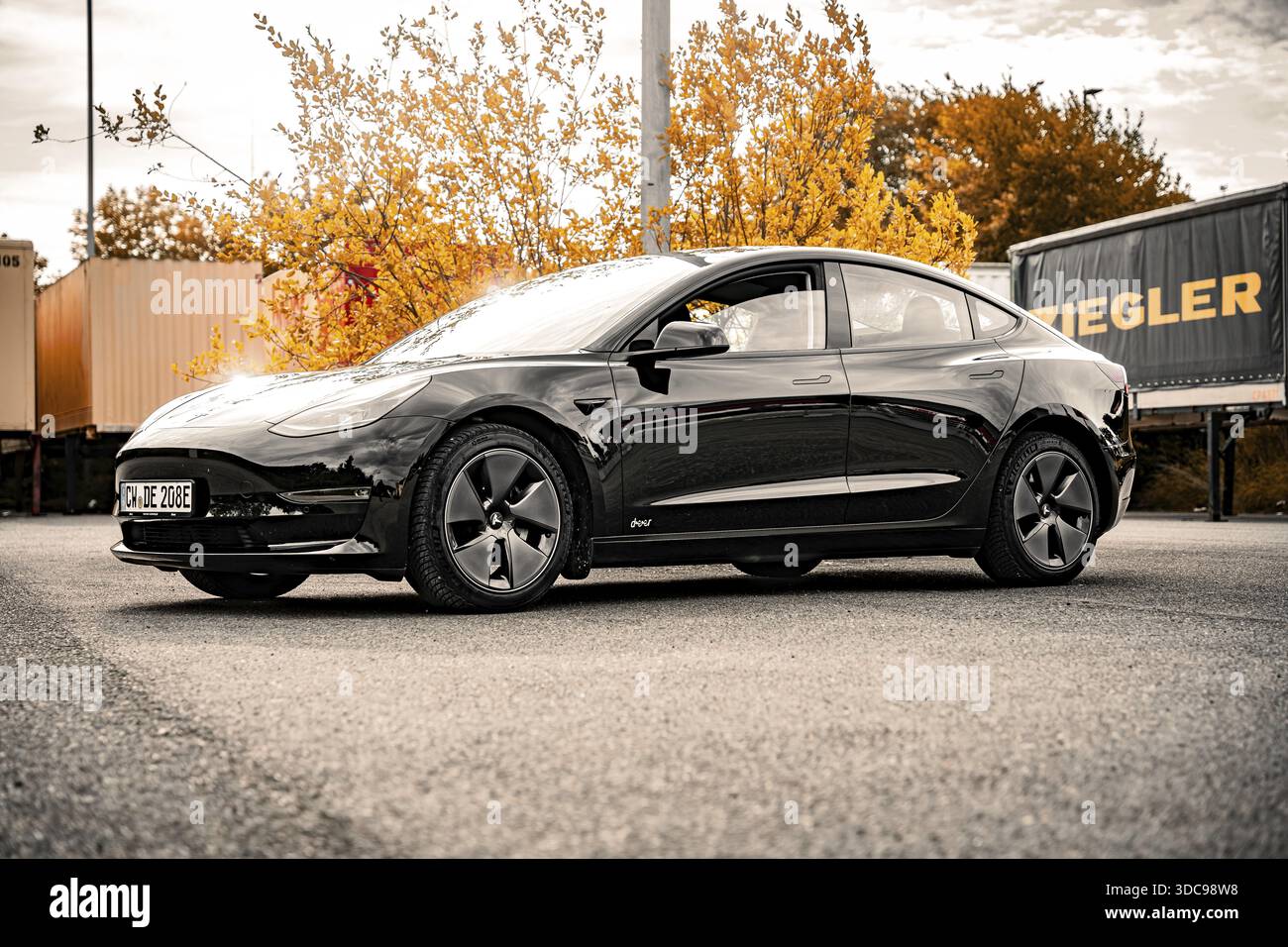 Elegante auto nera su strada con alberi autunnali sullo sfondo, Deer e-Carsharing, Tesla Model 3, Calw, Germania Foto Stock