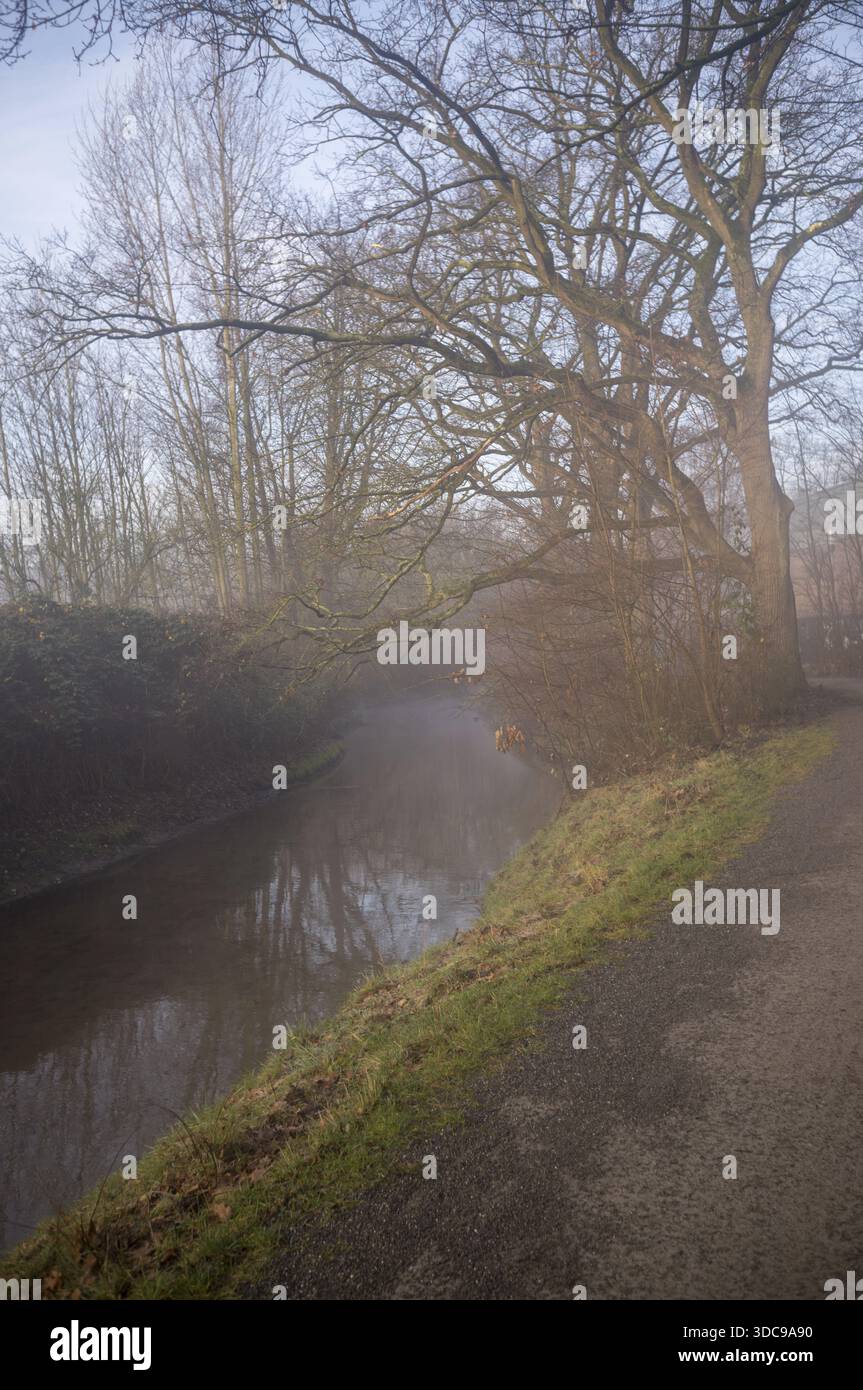 Fiume che scorre lentamente attraverso una nebbiosa foresta invernale con un sentiero tortuoso Foto Stock