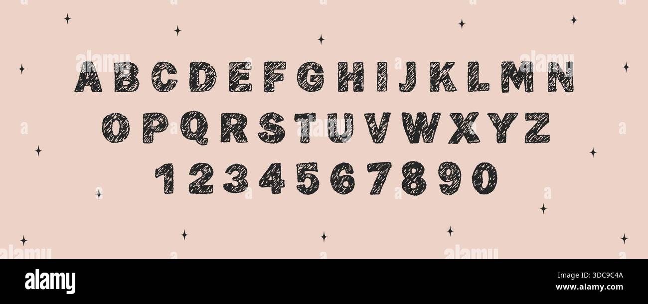 Pastello dell'alfabeto inglese. Carattere pastello in angoscia. Lettere infantili e consistenza di gesso per lo studio scolastico. Progetti di design retrò. Illustrazione vettoriale. Illustrazione Vettoriale