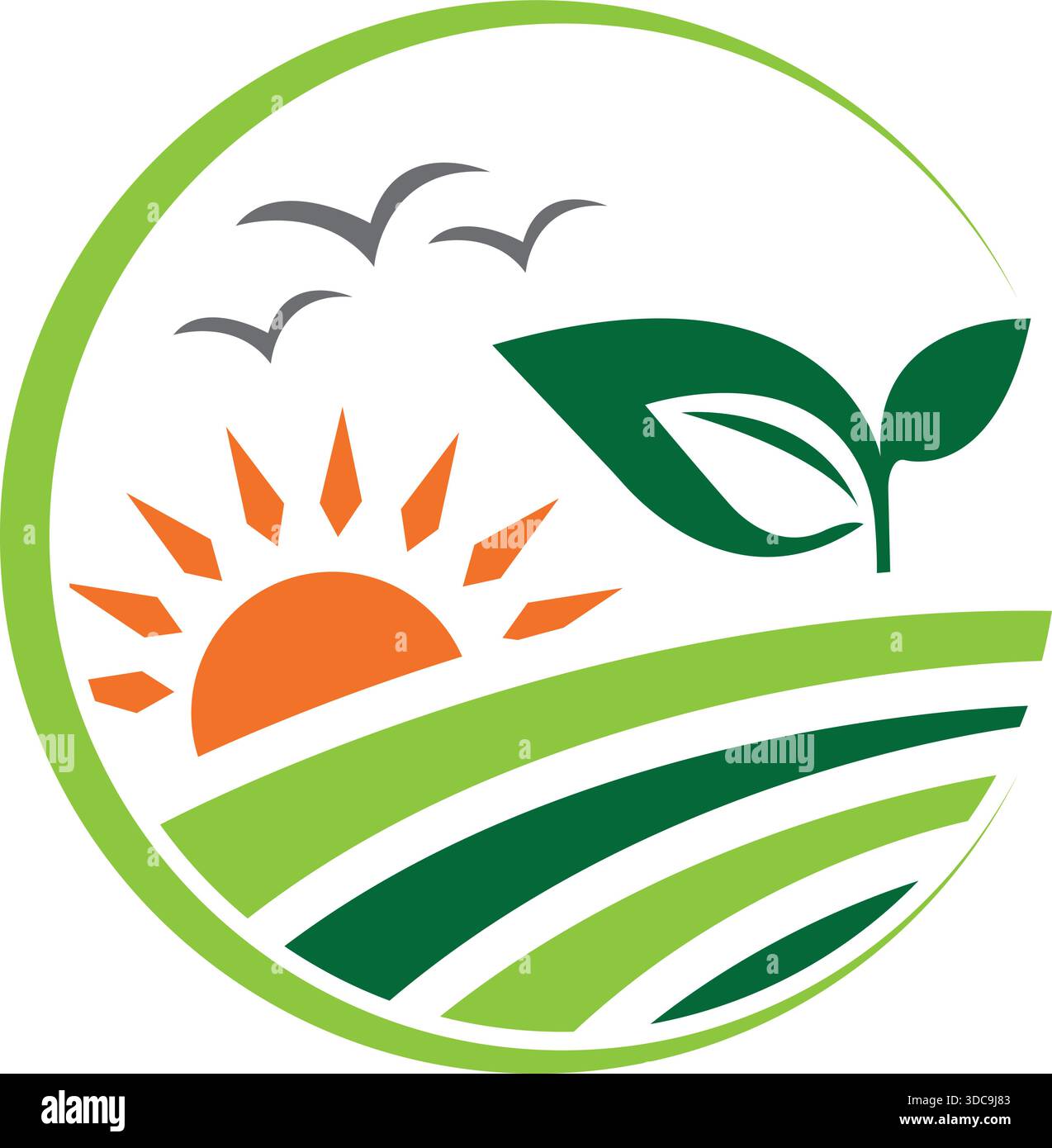 Sunset Farm campo paesaggio Logo Design Agricoltura natura icona modello Vector Illustrazione Vettoriale