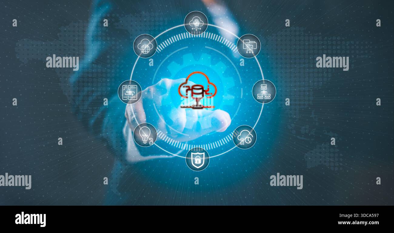 Un'interfaccia digitale che mostra un sistema di database cloud con icone di tecnologia interconnessa, che rappresentano il cloud computing, l'integrazione dei dati e il cybersecu Foto Stock