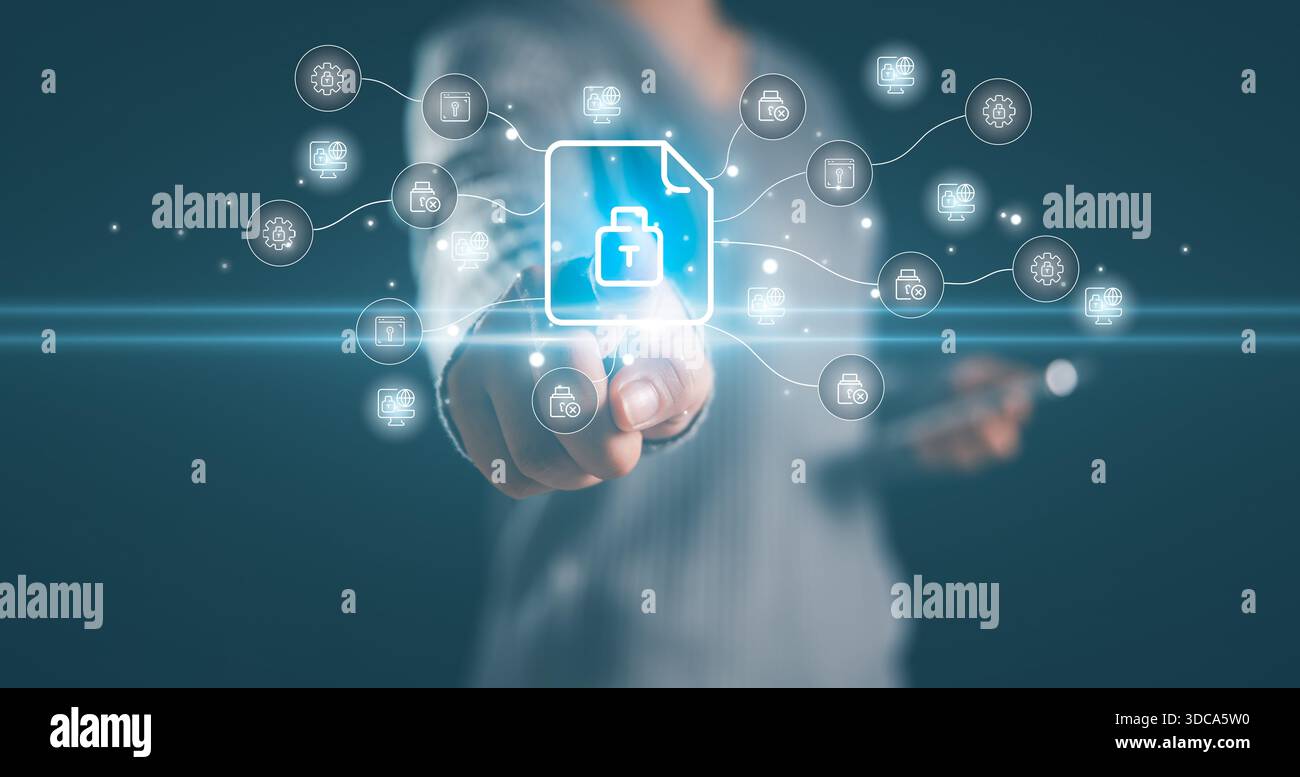 Uomo d'affari interfaccia di sicurezza dei file digitali protezione dei dati gestione sicura dei file accesso cibersicurezza soluzioni di rete per mo Foto Stock