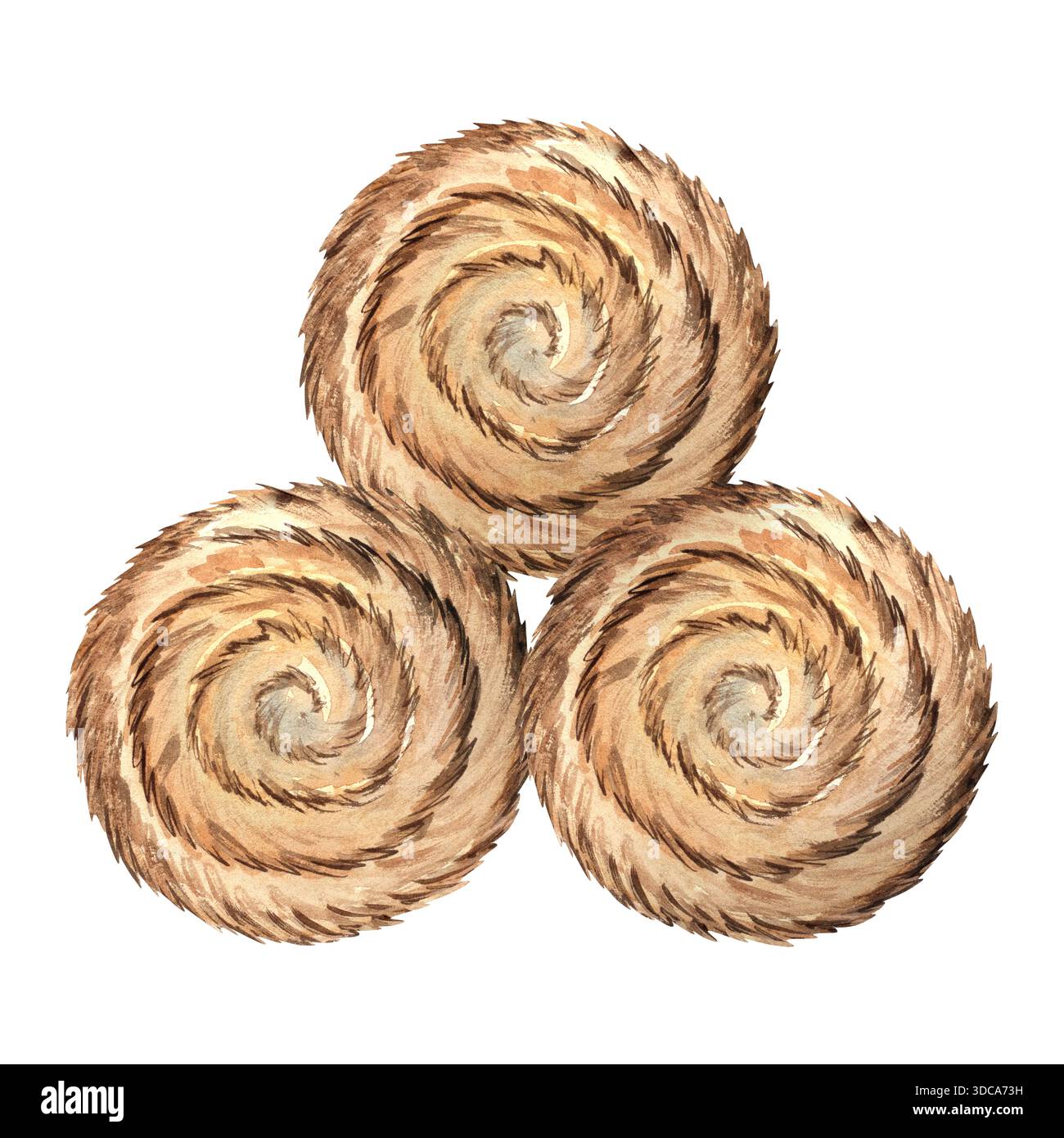 Illustrazione in acquerello di tre balle di fieno di fattoria, ideale per progetti agricoli, decorazioni rurali, materiali per bambini, imballaggi, progetti di stampa. Dolore alle mani Foto Stock