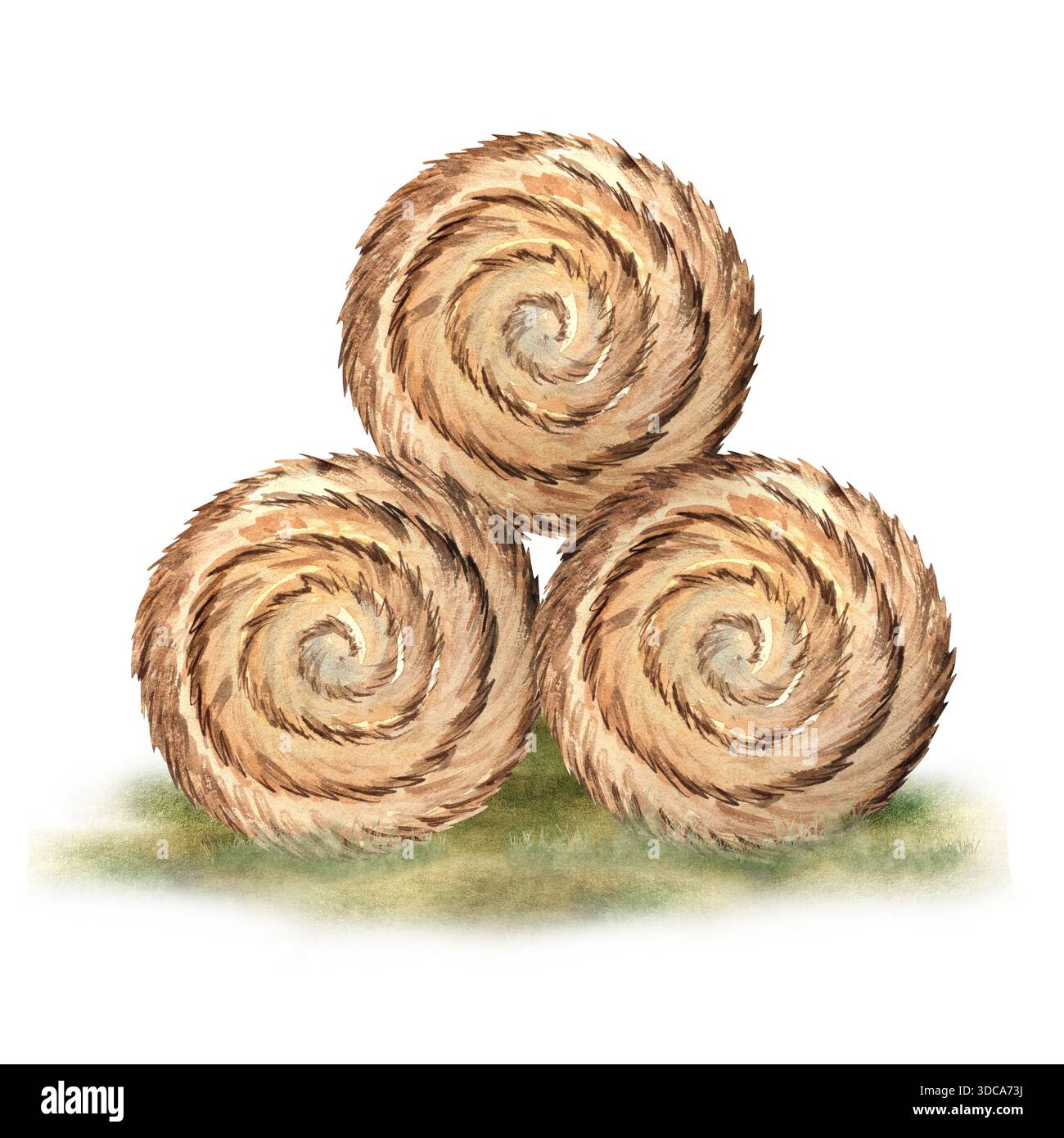 Illustrazione ad acquerello di tre balle di fieno poste su erba verde, perfetta per progetti a tema agricolo, materiali didattici, imballaggio, arredamento, pr rustico Foto Stock