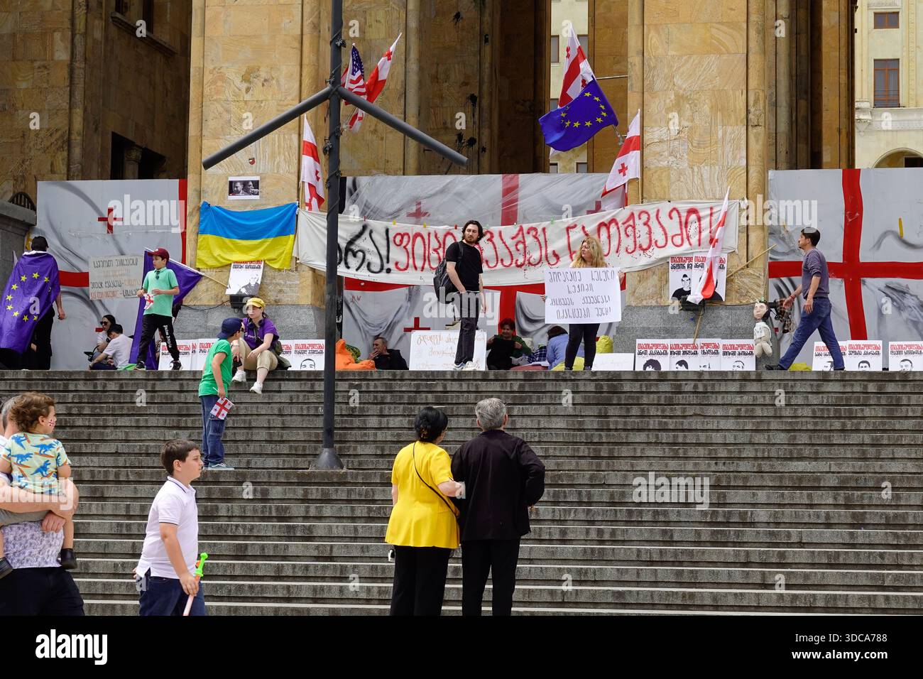 Una manifestazione di protesta dei sostenitori dell’opposizione georgiana di fronte all’edificio del Parlamento georgiano a Tbilisi durante il giorno dell’indipendenza della Georgia Foto Stock