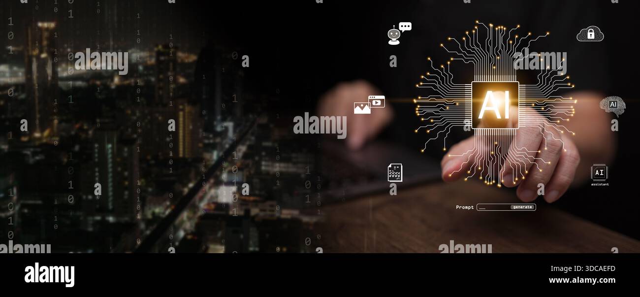 Un uomo tocca il chip di intelligenza artificiale con il circuito cpu sullo sfondo di una città intelligente con icone di utilizzo dell'intelligenza artificiale. Intelligenza artificiale generativa, processore intelligente, d Foto Stock