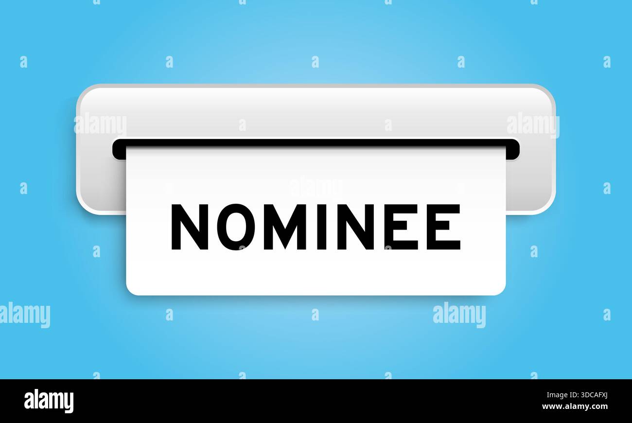 Banner coupon bianco con parola nominata dalla macchina su sfondo blu Illustrazione Vettoriale