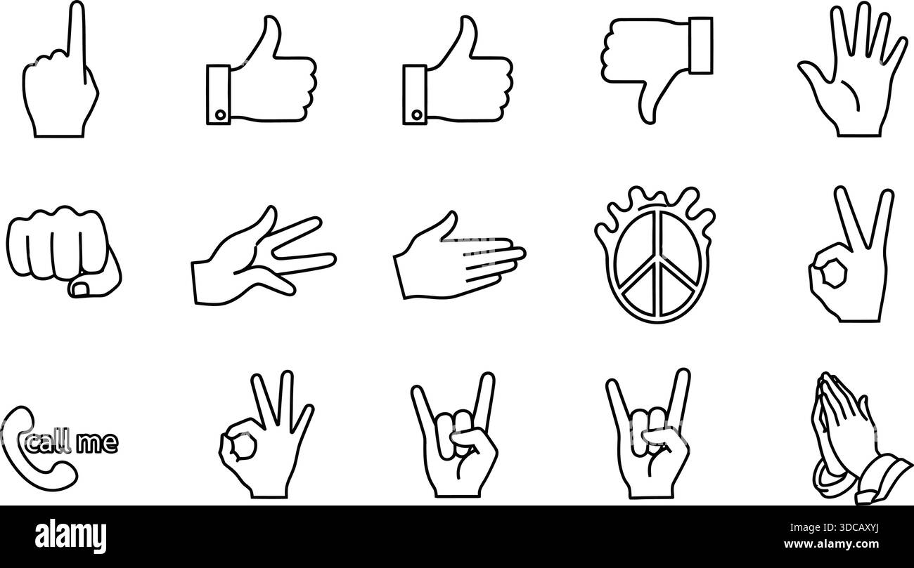 Set di icone gesti della mano e linea di comunicazione - 15 simboli vettoriali per linguaggio dei segni e interazione digitale Illustrazione Vettoriale