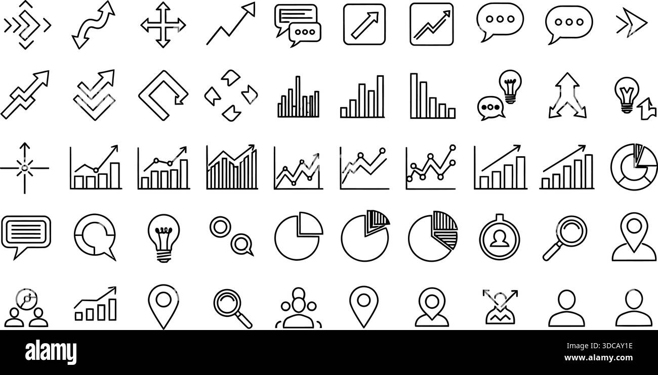 Set di icone Business Growth and Analytical - 60 simboli della linea vettoriale per dati, strategia e pianificazione aziendale Illustrazione Vettoriale