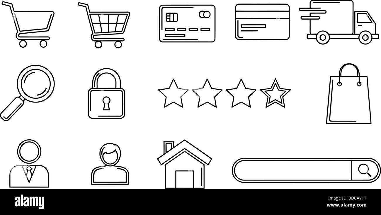 Un set pulito e professionale di 15 icone in bianco e nero progettate per siti Web di e-commerce e applicazioni per lo shopping mobile. Questo collec. Vettoriale Illustrazione Vettoriale
