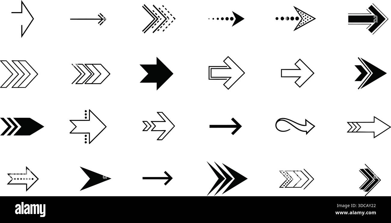 Set di icone Freccia direzionale - 24 simboli vettoriali diversi per navigazione Web, progettazione dell'interfaccia utente e wayfinding Illustrazione Vettoriale
