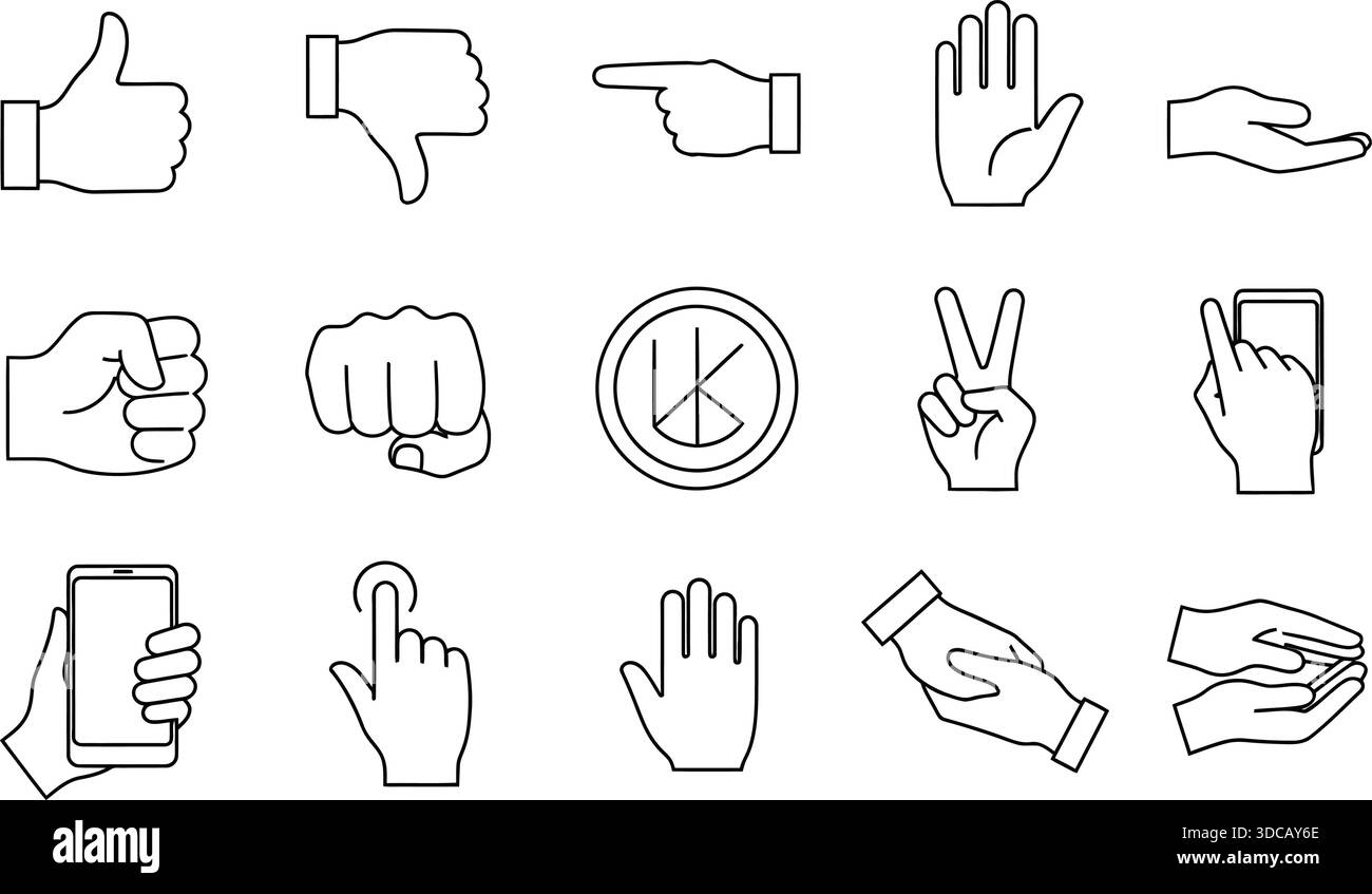 Set di icone dei movimenti delle mani e della linea di interazione del touch screen - 15 simboli vettoriali per la progettazione e la comunicazione dell'interfaccia utente Illustrazione Vettoriale