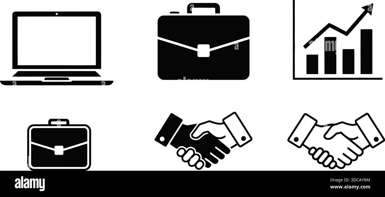 Set di icone strategia aziendale e aziendale - simboli solidi e vettoriali di linea Illustrazione Vettoriale