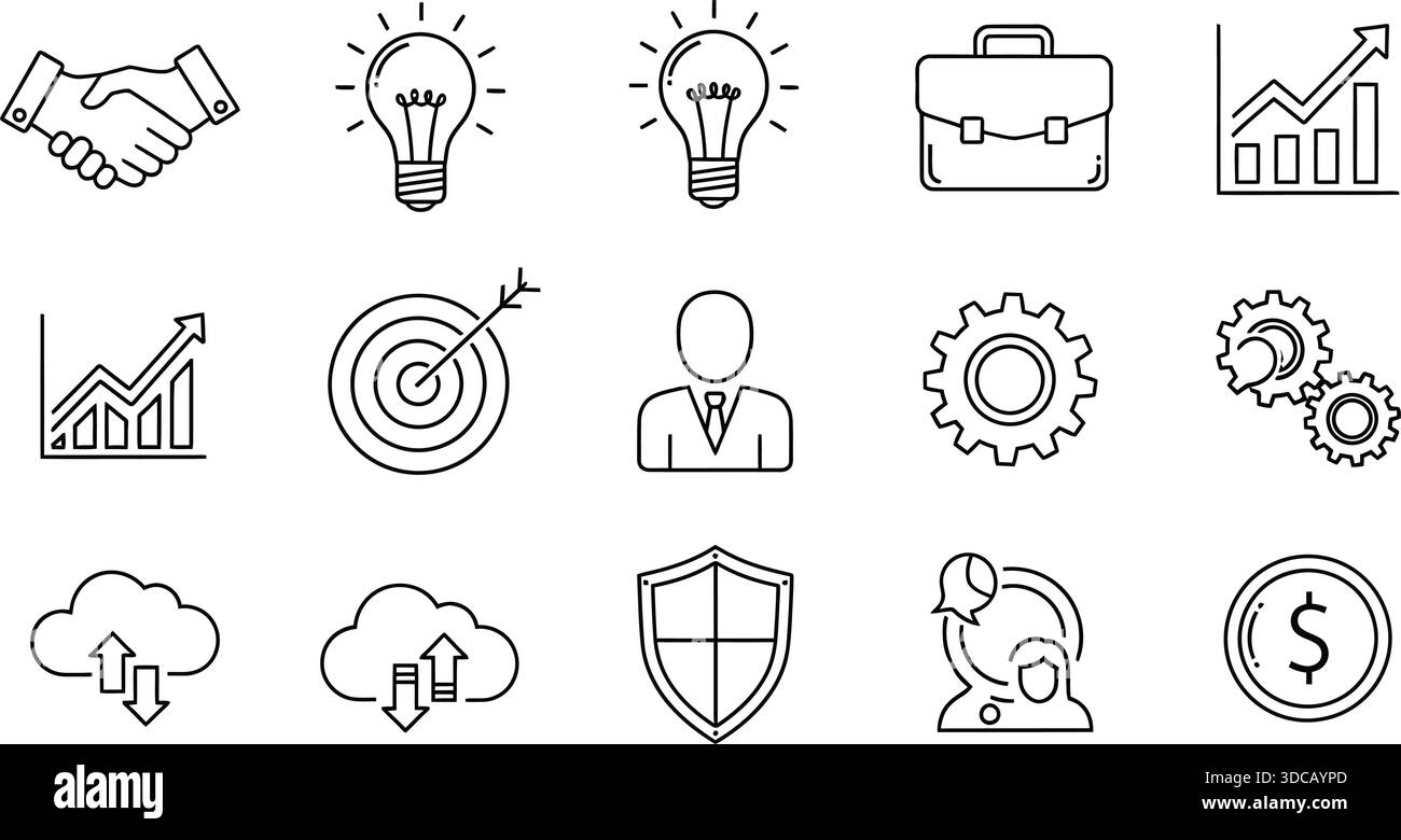 Set di icone strategia aziendale e aziendale - 15 simboli vettoriali per la finanza, la gestione e la crescita Illustrazione Vettoriale