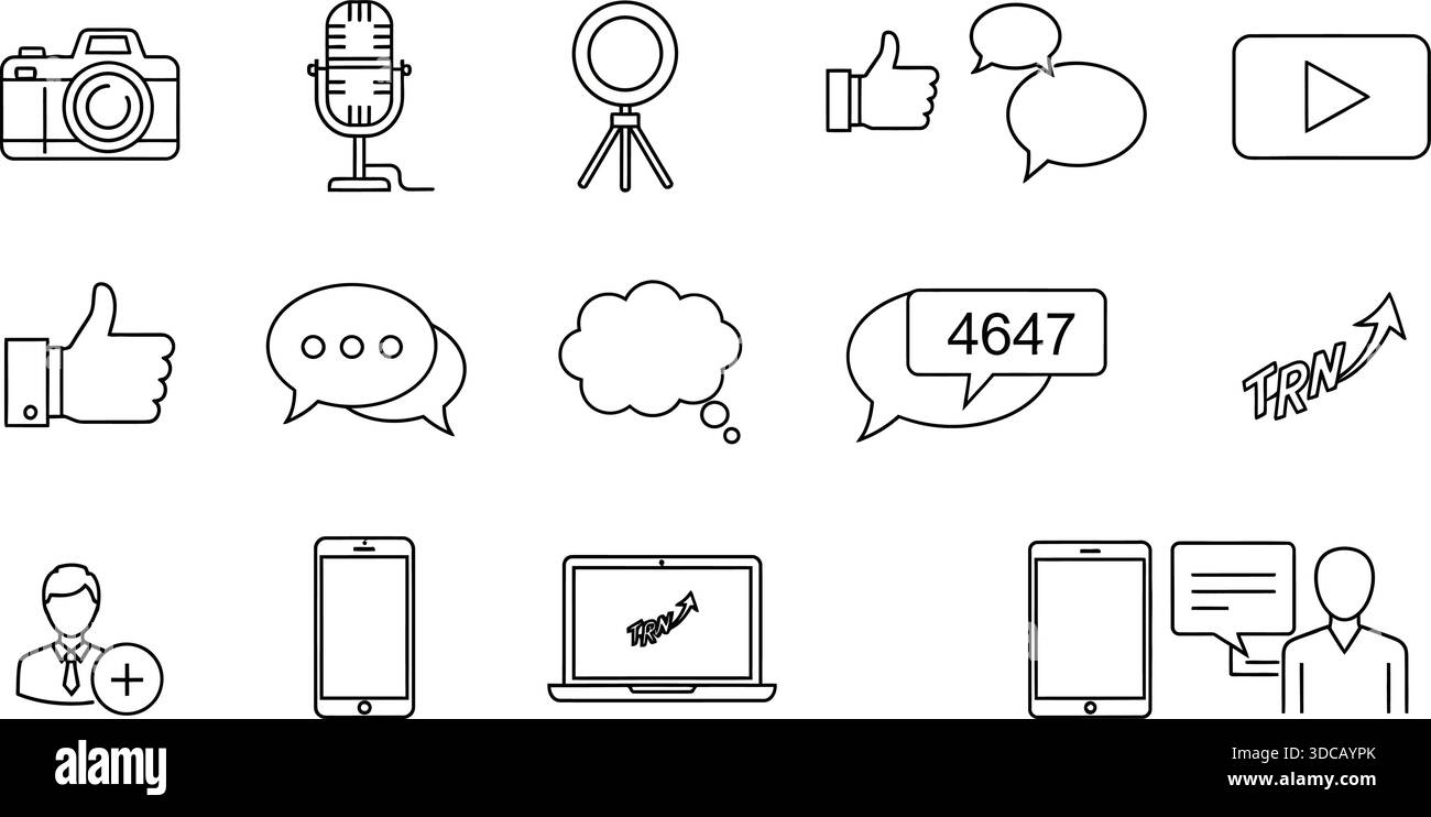Set di icone della linea per la creazione di contenuti e social media - 15 simboli vettoriali per il marketing digitale, il blog e la produzione di video Illustrazione Vettoriale