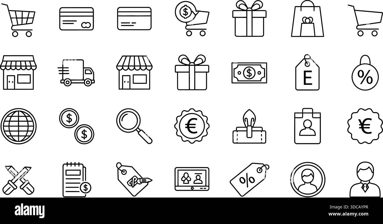 Set di icone e-commerce e linea di vendita al dettaglio - 28 simboli vettoriali per acquisti online, finanza e affari Illustrazione Vettoriale