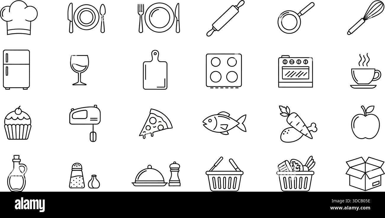 Set icone cucina e linea di cottura - 24 simboli vettoriali per le arti culinarie, i ristoranti e la preparazione degli alimenti Illustrazione Vettoriale