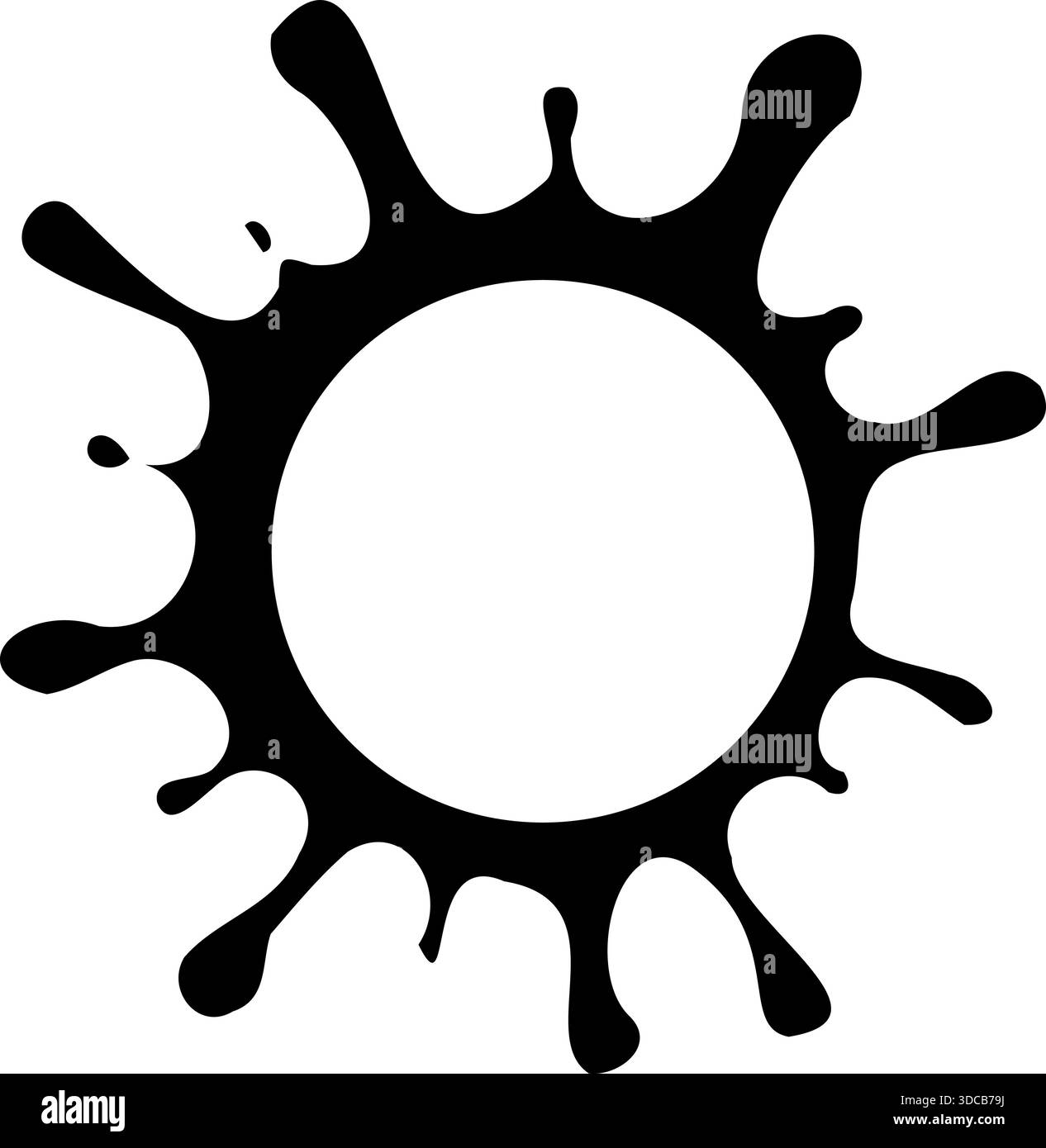 Formazione di inchiostro nero arrotondato intorno a un cerchio cavo centrale con bordi morbidi e lisci e distribuzione casuale. Illustrazione Vettoriale