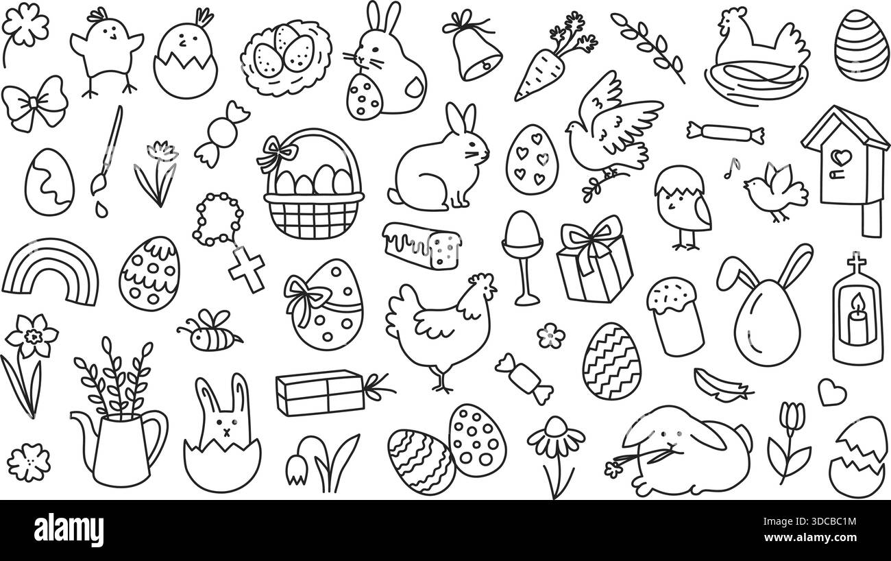 Scarabocchio pasquale con line art Spring grazioso pulcino, uovo e coniglietto disegnato a mano, cestino e fiore, croce e arcobaleno per una felice festa di Pasqua Illustrazione Vettoriale