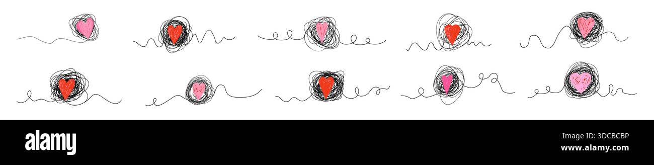 Forme di palle aggrovigliate con linee sinuose e cuori rosa e rosso, elementi grafici per biglietti d'auguri e sfondi Illustrazione Vettoriale