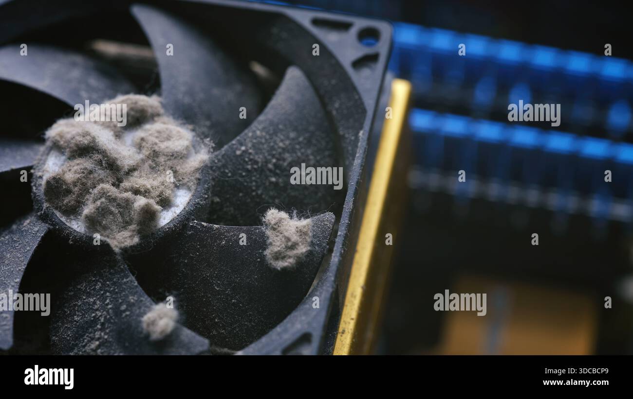 Immagine ravvicinata che mostra cumuli di polvere spessa che ostruiscono la ventola di raffreddamento del PC. Foto Stock