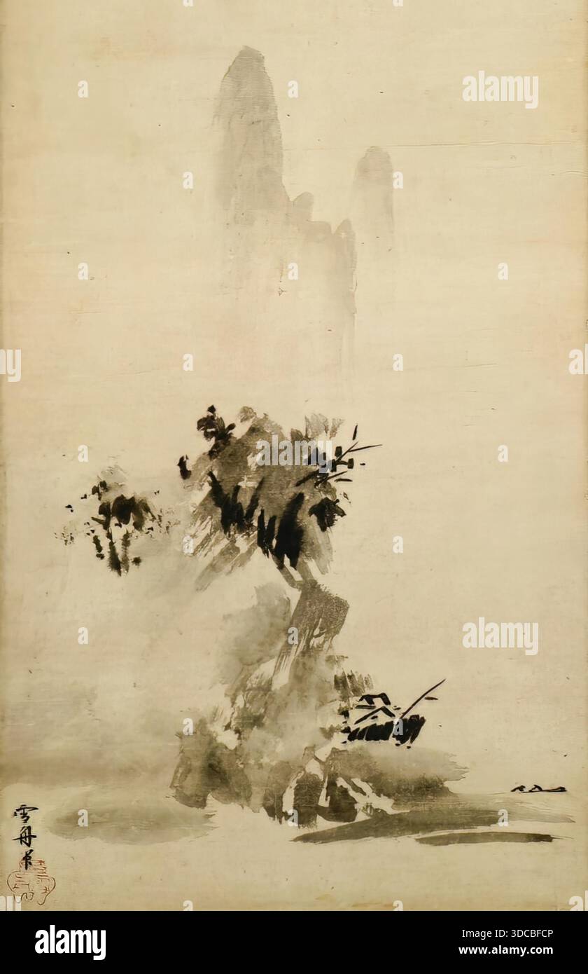 Inchiostro Toyo Sesshu Haboku-Sansui 1495 su un paesaggio di carta utilizzando la tecnica dell'inchiostro spruzzato, che trasmette spontaneità Zen e minimalismo espressivo. Illustrazione Vettoriale