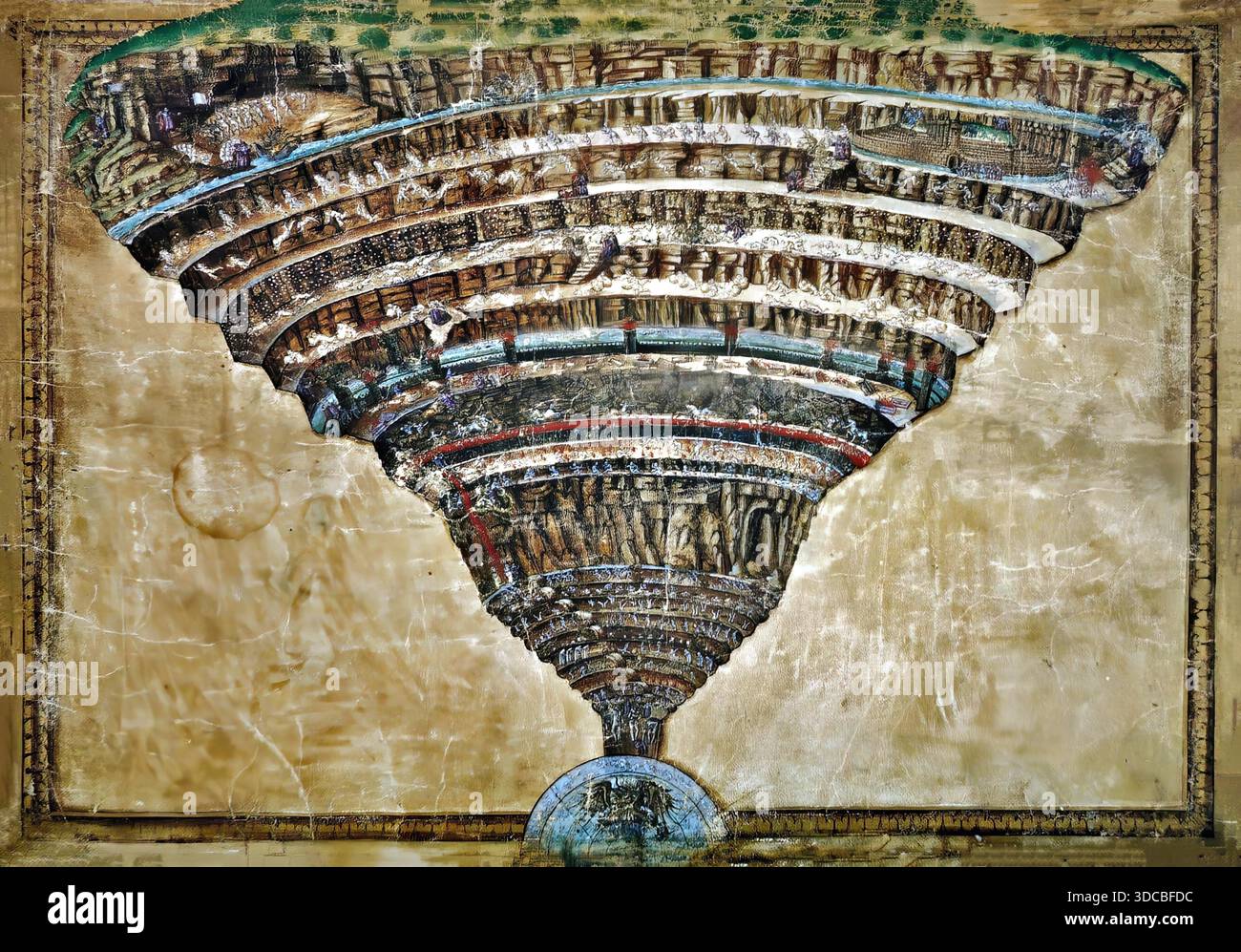 86Sandro Botticelli la carte de lEnfer tempera del 1490 su tavola raffigurante Dantes Inferno con figure intricate e narrazione drammatica. Illustrazione Vettoriale