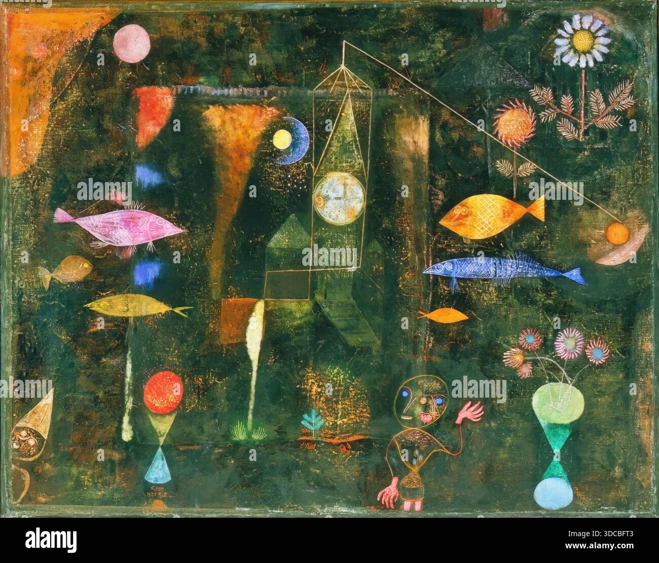 Paul Klee Fish Magic 1925 olio e acquerello su carta raffigurante stravaganti forme marine con composizione astratta e qualità mistica e onirica. Illustrazione Vettoriale