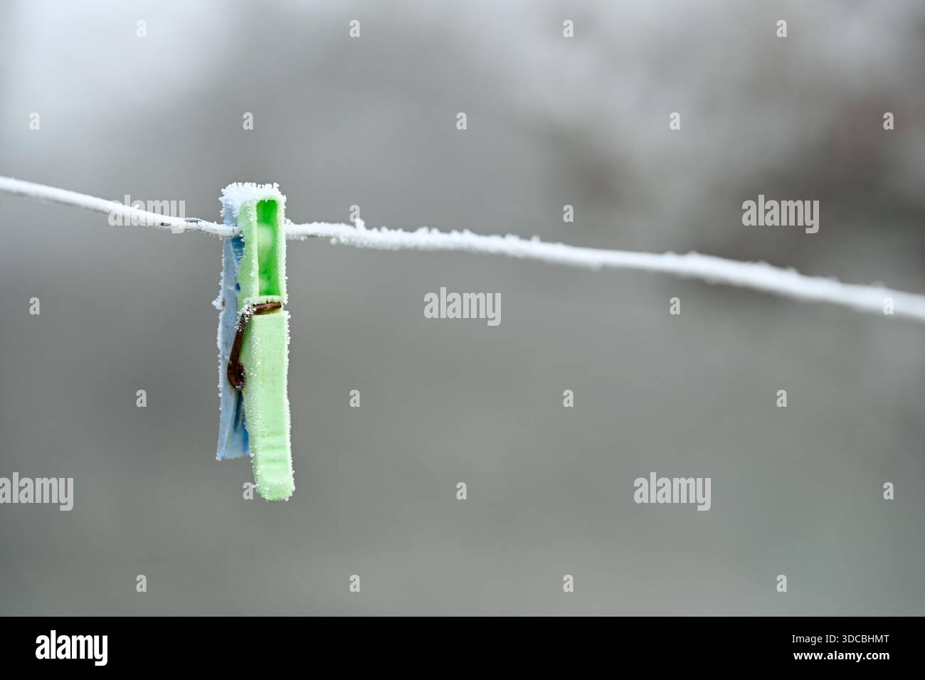 Brina su un'asta di plastica lasciata su una linea di lavaggio in inverno Foto Stock
