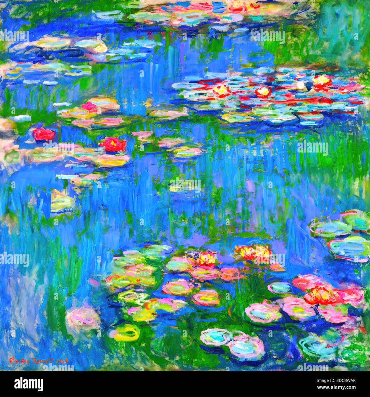 Claude Monet Water Lilies 1916 olio su tela che ritrae gigli galleggianti con colori luminosi, riflessi morbidi e un tranquillo umore impressionista. Illustrazione Vettoriale