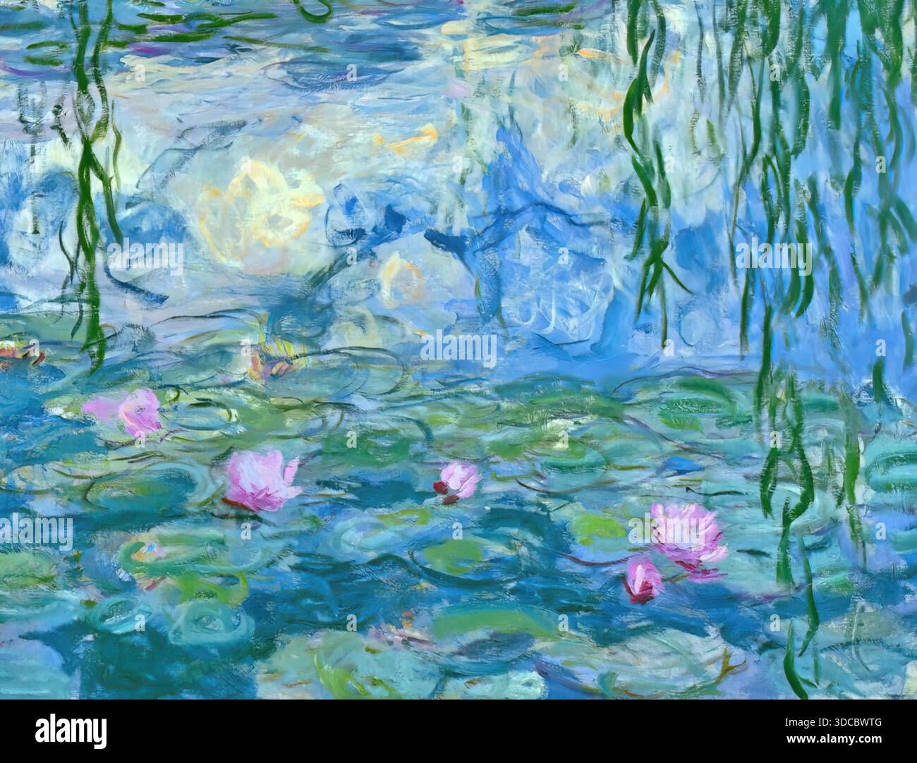 Claude Monet Water Lilies 19161919 olio su tela raffigurante gigli galleggianti dettagliati con sottili riflessi, sfumature di colore tenue. Illustrazione Vettoriale