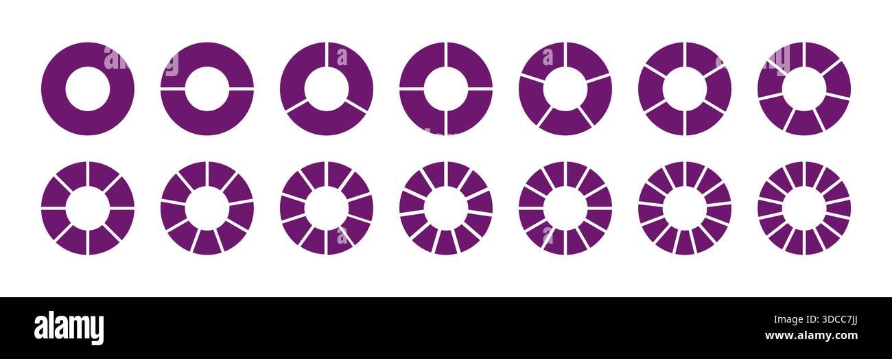 Divisione circolare al 1 2 3 4 5 6 7 8 9 10 11 12 13 14 parti uguali. Ruota viola diagrammi divisi con quattordici segmenti. Vuoto coaching Illustrazione Vettoriale