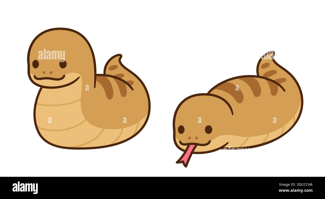 Tsuchinoko carino cartone animato giapponese mostro disegno. Criptide di serpente grasso Kawaii. Disegno semplice, illustrazione grafica a clip vettoriale. Illustrazione Vettoriale