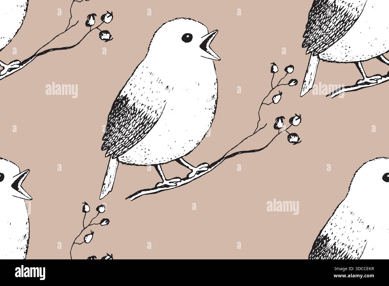 Modello senza cuciture con uccelli divertenti, fiori, foglie. Illustrazione vettoriale piatta con silhouette di uccelli cartoni animati. Personaggi simpatici. Progettare per l'invito Illustrazione Vettoriale