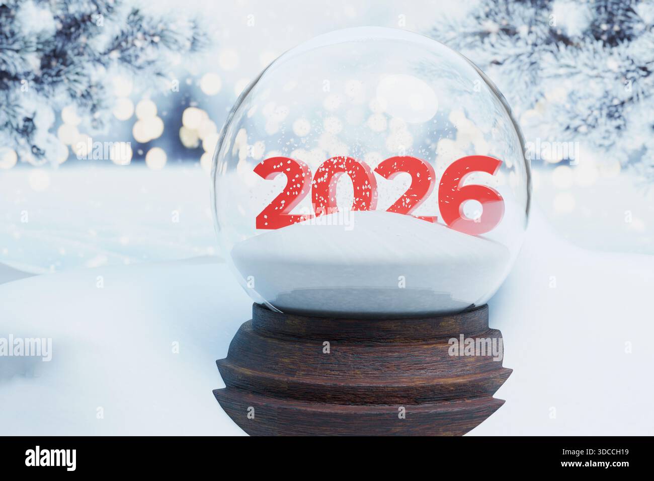 Nuovo anno 2026. Numeri rossi 2026 all'interno di un globo innevato in un paesaggio invernale innevato con luci bokeh. Simboleggia il futuro Foto Stock