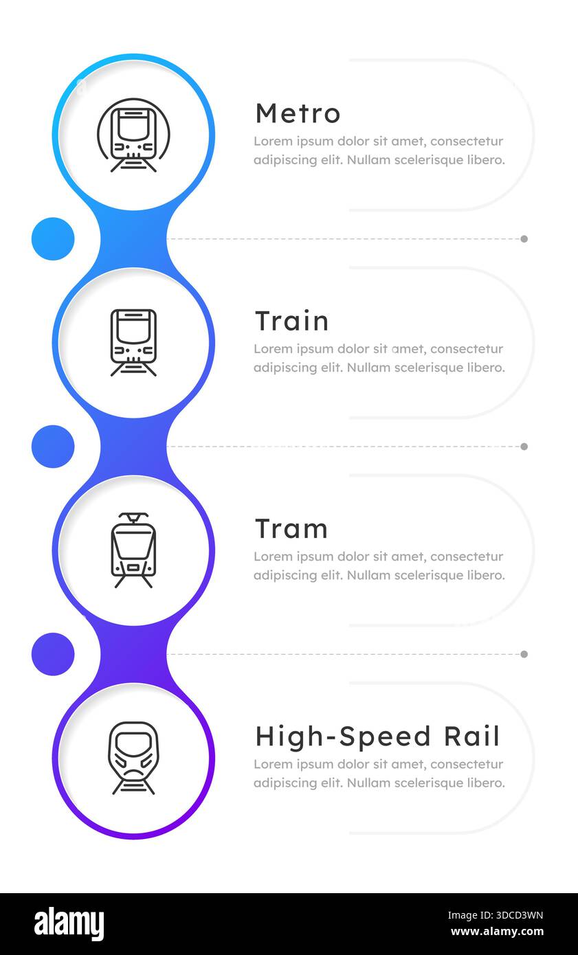 Infografica sui trasporti pubblici ferroviari su 4 gradini con pendenza verticale blu Illustrazione Vettoriale