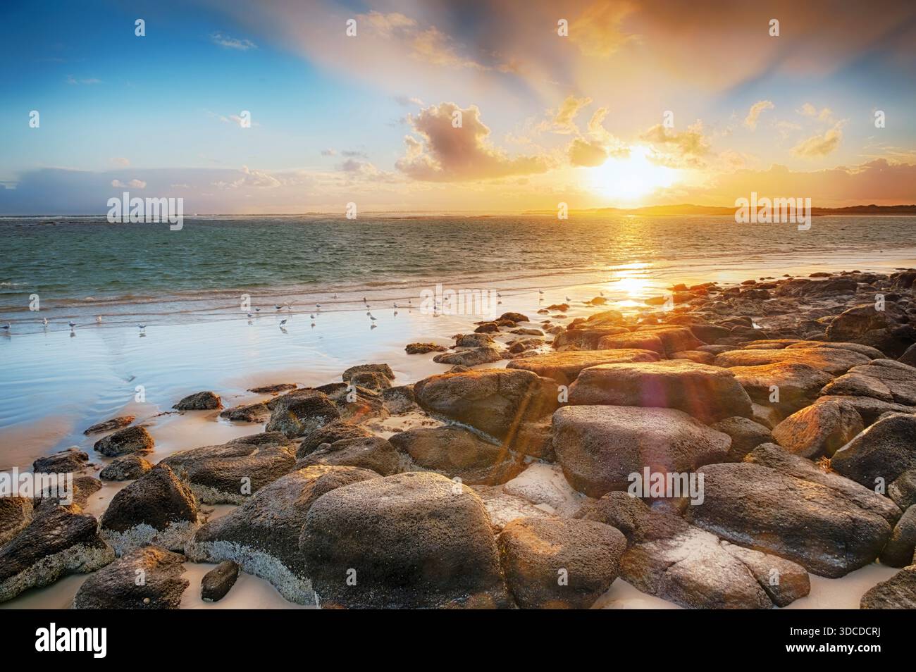 Un tranquillo tramonto sulla spiaggia con rocce in primo piano, dolci onde e uccelli sparsi lungo la riva Foto Stock