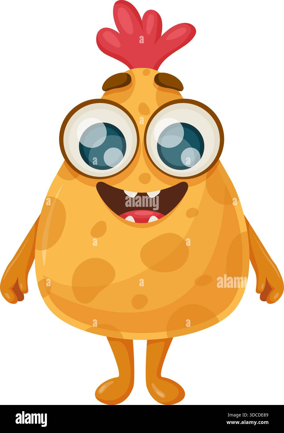 allegra mascotte di mostro giallo con bicchieri, sorriso e corpo macchiato in posa su sfondo bianco, giocosa Illustrazione Vettoriale