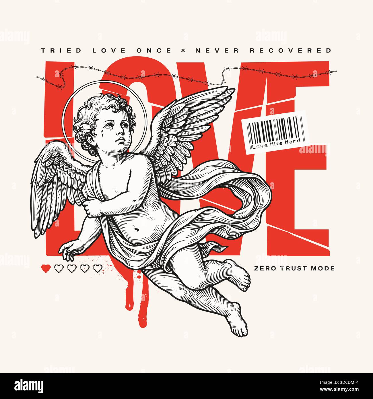 Illustrazione classica di cupidi mescolata a moderni elementi di design grunge, pixel e Y2K. Design tipografico per poster, abbigliamento, streetwear e stampe. Ironico design romantico per San Valentino. Arte vettoriale. Illustrazione Vettoriale