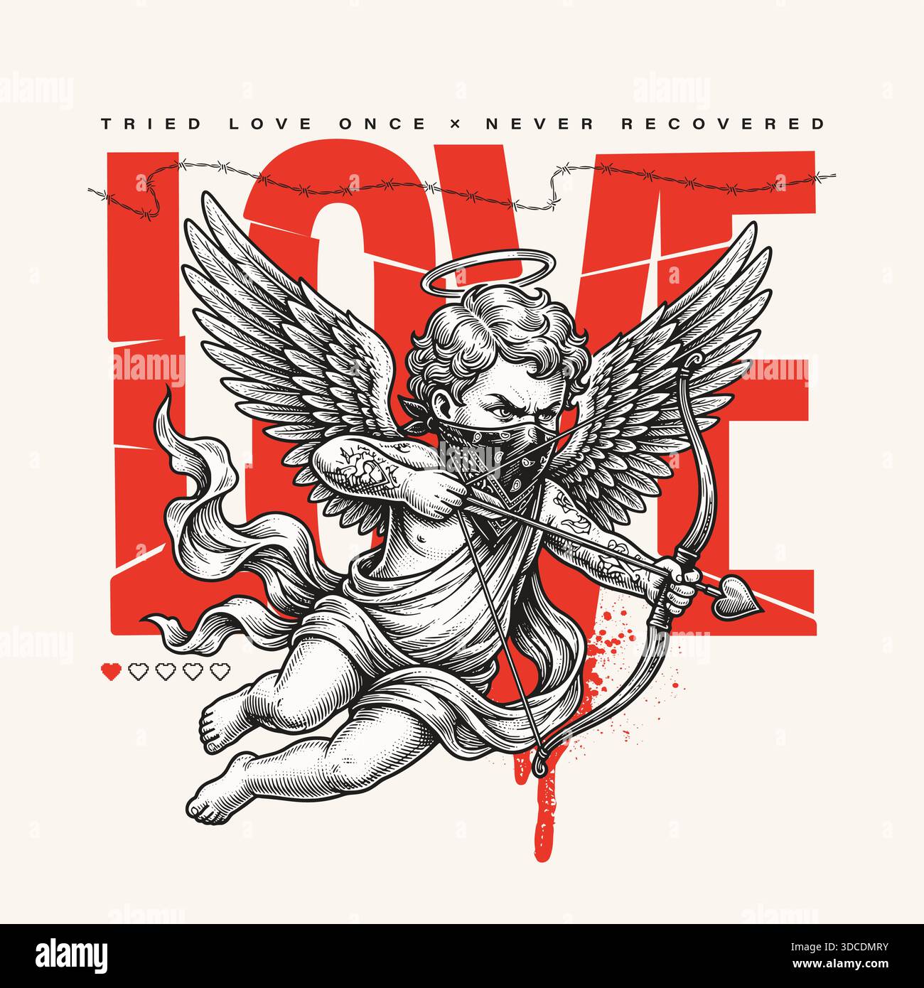 cupido d'epoca con tatuaggi e bandana combinati con elementi di design moderni grunge, pixel e Y2K. Design tipografico per poster, abbigliamento, streetwear e stampe. Ironico design romantico per San Valentino. Illustrazione Vettoriale