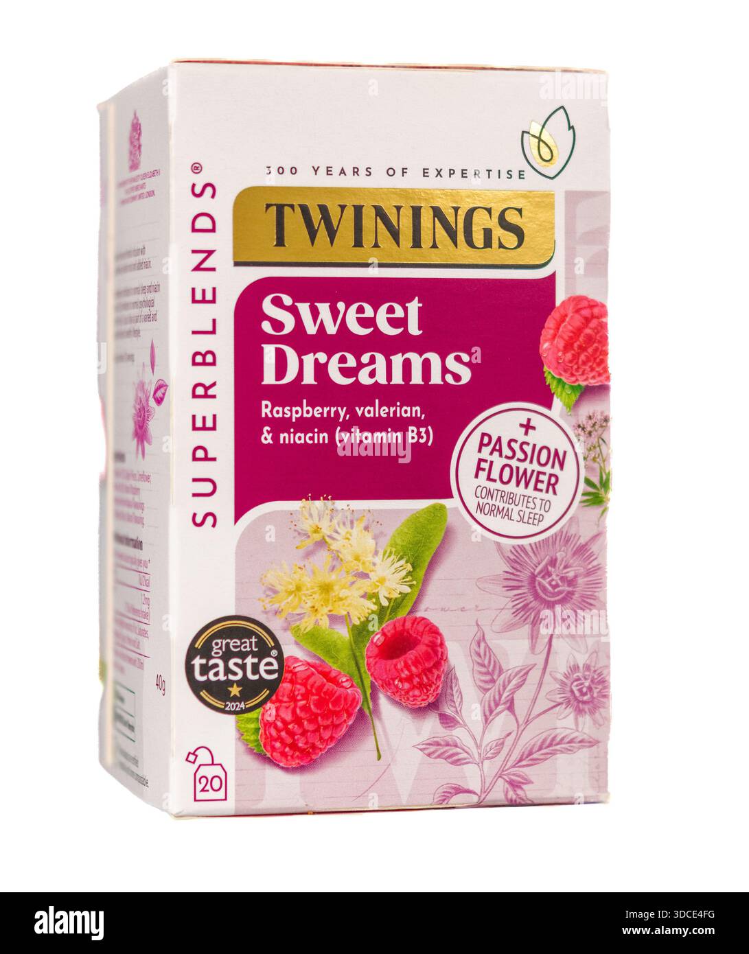 Twinings Sweet Dreams infusione di erbe aromatizzata al lampone con, radice di Valeriana e aggiunta di niacina. Foto Stock