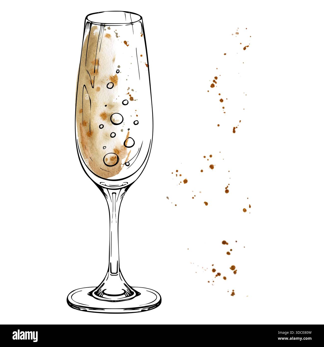 Champagne Brut, vino bianco o bibita frizzante con bollicine in vetro flute, tonalità acquerello e sottili linee d'inchiostro. Disegnato a mano per le stampe del menu a barre Foto Stock