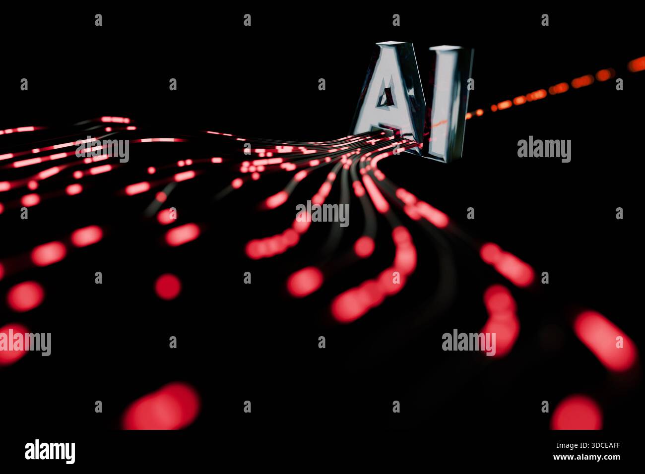 Il futuro della tecnologia. I flussi di luce dinamica fluiscono nel logo di testo ai 3D su sfondo nero. Concetto per l'analisi dei dati, la potenza di elaborazione e d Foto Stock