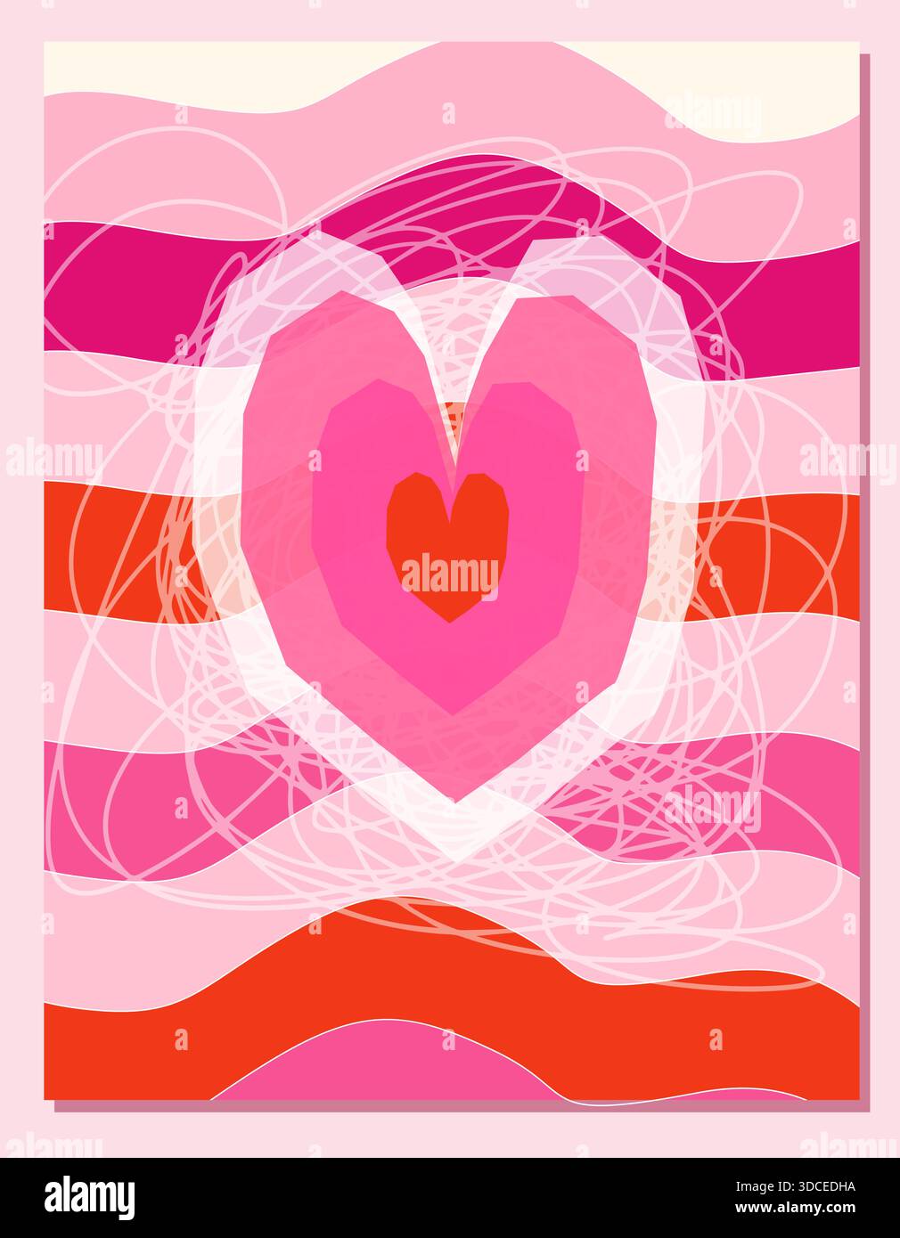 Moderno biglietto d'auguri a forma di cuore vettoriale su righe ondulate nei colori rosa e rosso per i disegni di San Valentino Illustrazione Vettoriale