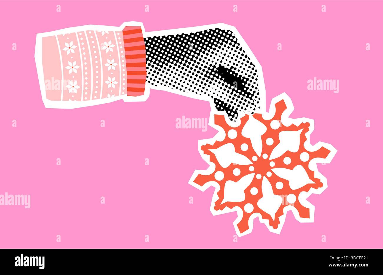 Mano vettoriale mezzitoni con fiocco di neve, divertente collage invernale per poster e inviti Illustrazione Vettoriale