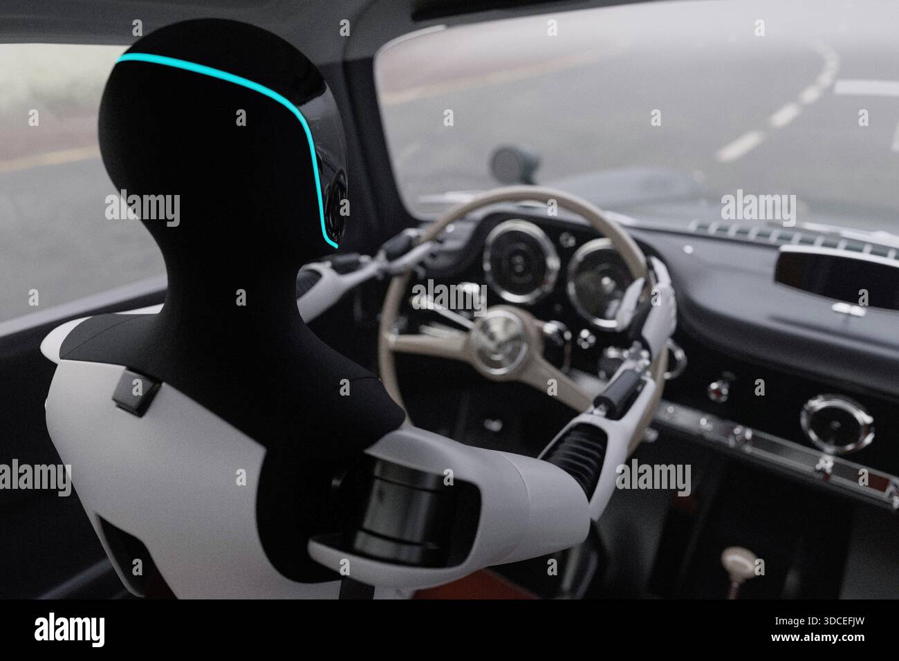AI alla guida di un'auto d'epoca. Robot con luce brillante al volante di una classica auto sportiva. La tecnologia incontra la nostalgia. Il futuro della guida autonoma. Foto Stock