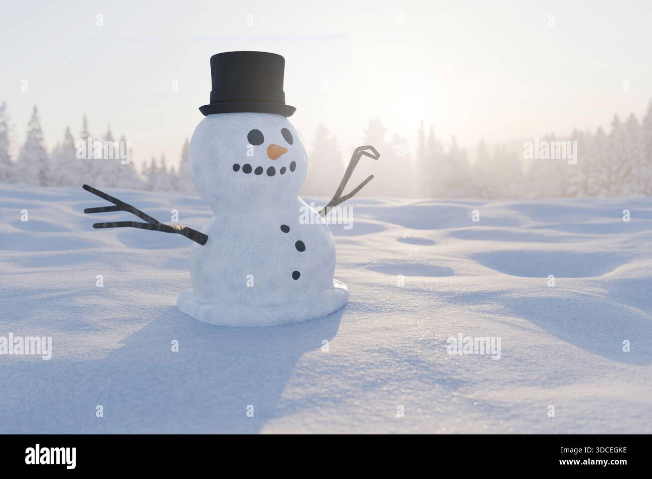 Vista panoramica del pupazzo di neve felice con spazio per fotocopie. Simpatico pupazzo di neve con un cappello in piedi in un paesaggio invernale innevato all'alba, simboleggiando il mare delle vacanze Foto Stock