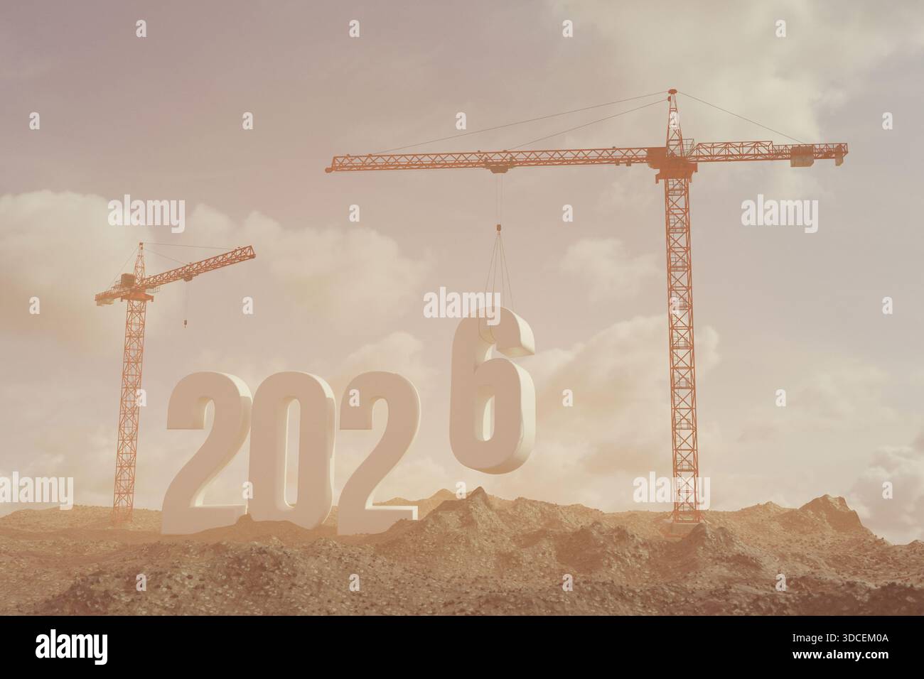 Gru da cantiere che assemblano grandi numeri 3D "2026" su un paesaggio sterrato sotto un cielo nuvoloso. Concetto di costruire il futuro, il progresso e lo sviluppo Foto Stock